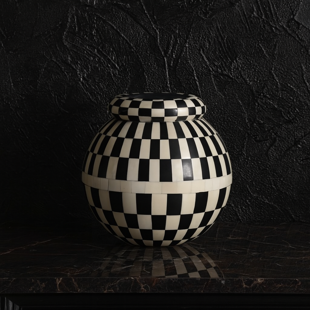 Bone Inlay Vase : Checkered : Black