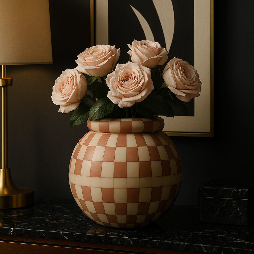 Checkered vase with pink roses on a dark surface, with a lamp and framed picture in the background.