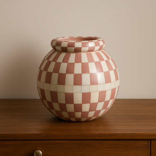 Checkered ceramic vase on a wooden surface with a neutral background