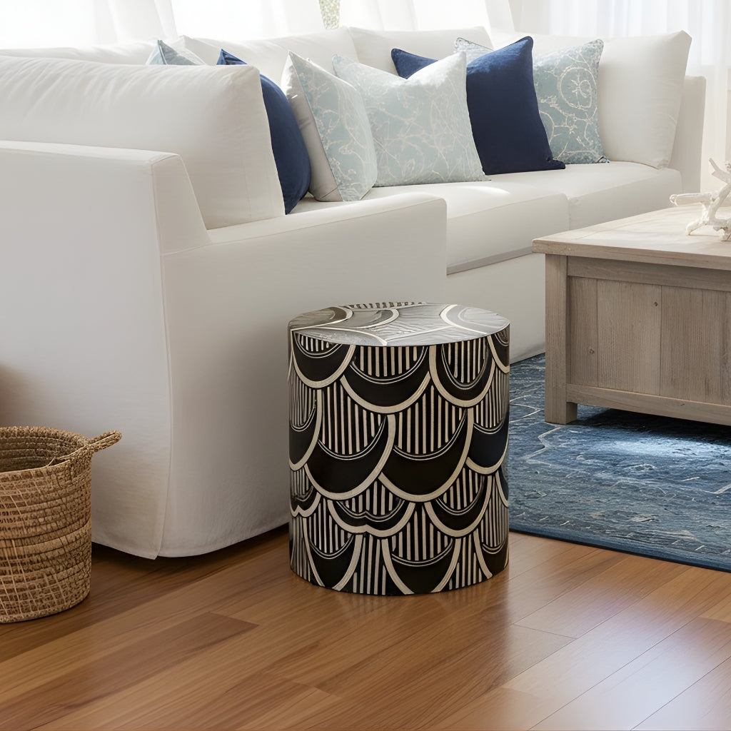 Bone Inlay Side Table : Scalloped Stripe : Black