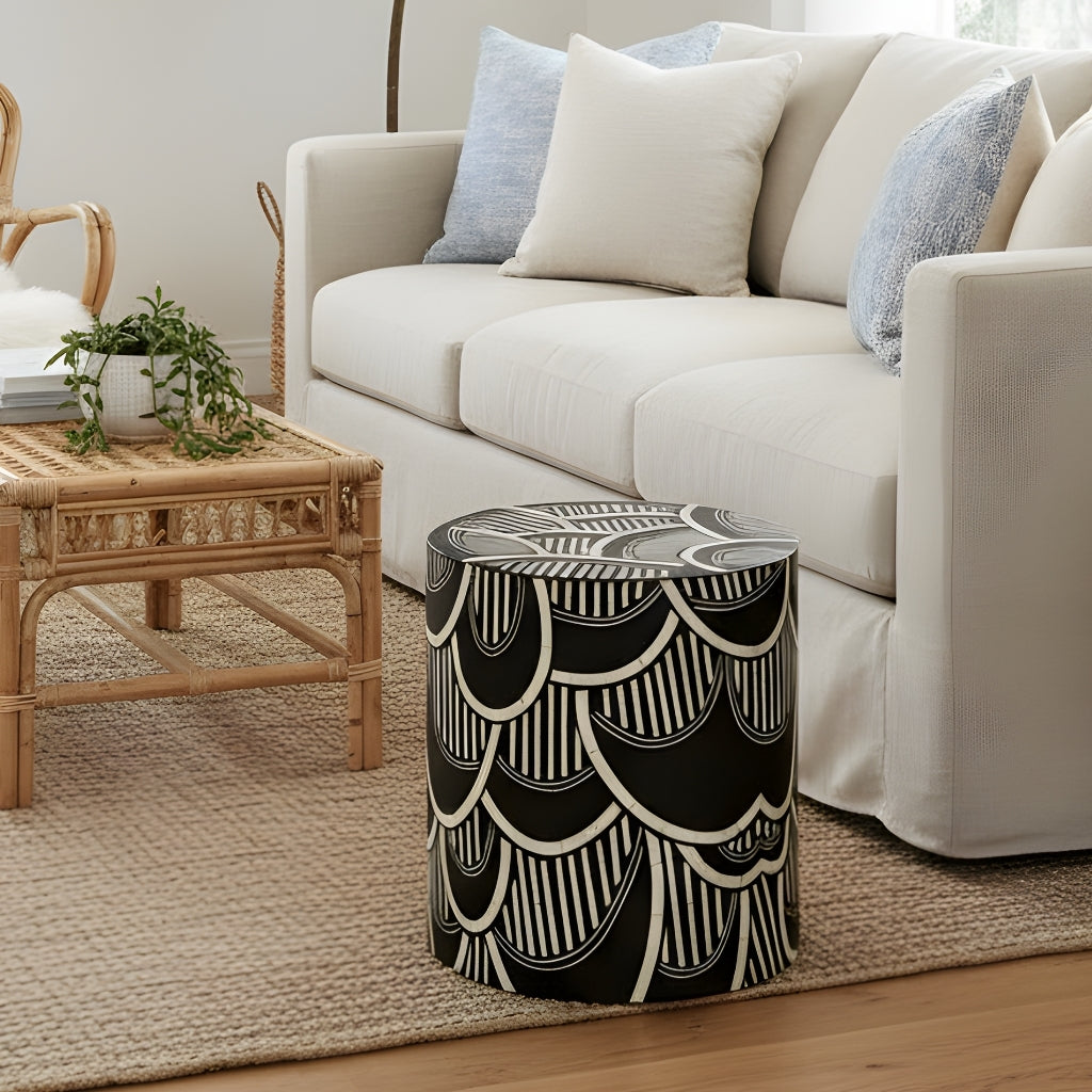 Bone Inlay Side Table : Scalloped Stripe : Black