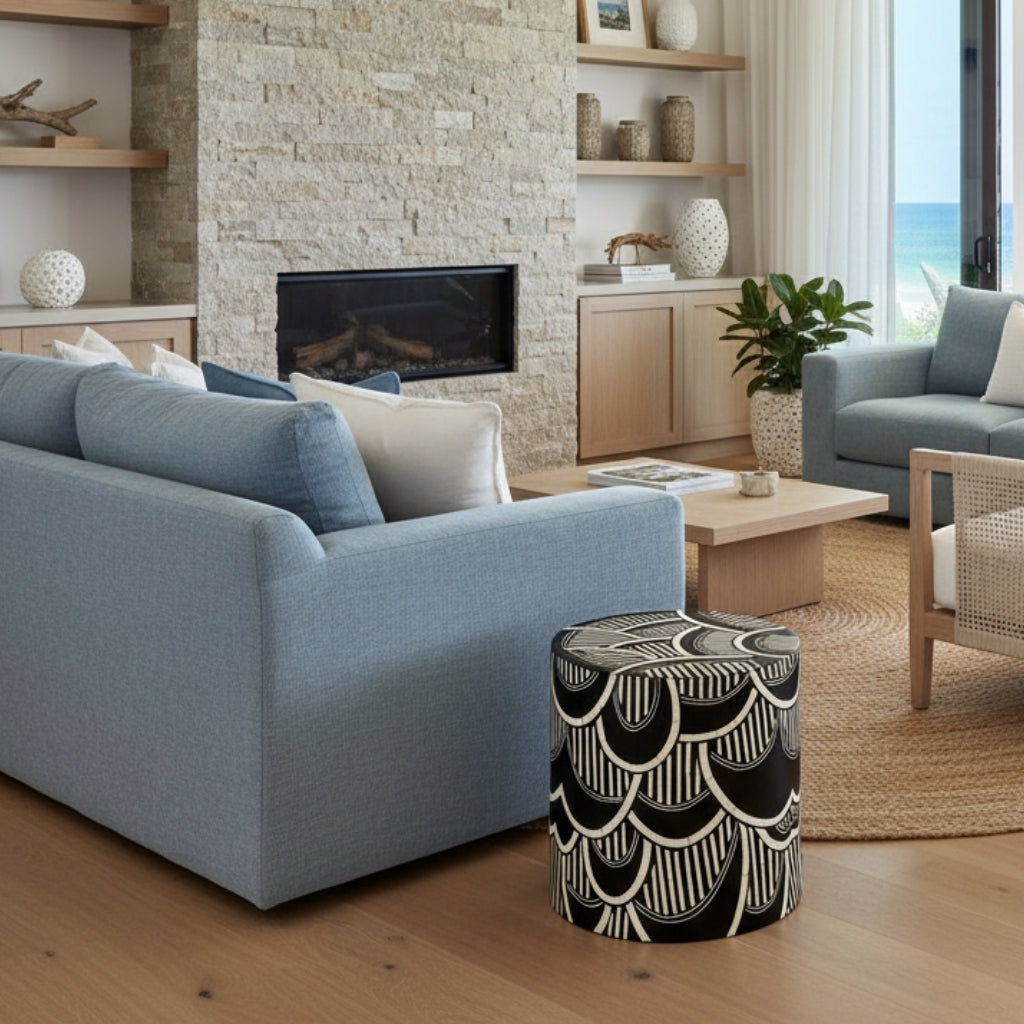 Bone Inlay Side Table : Scalloped Stripe : Black