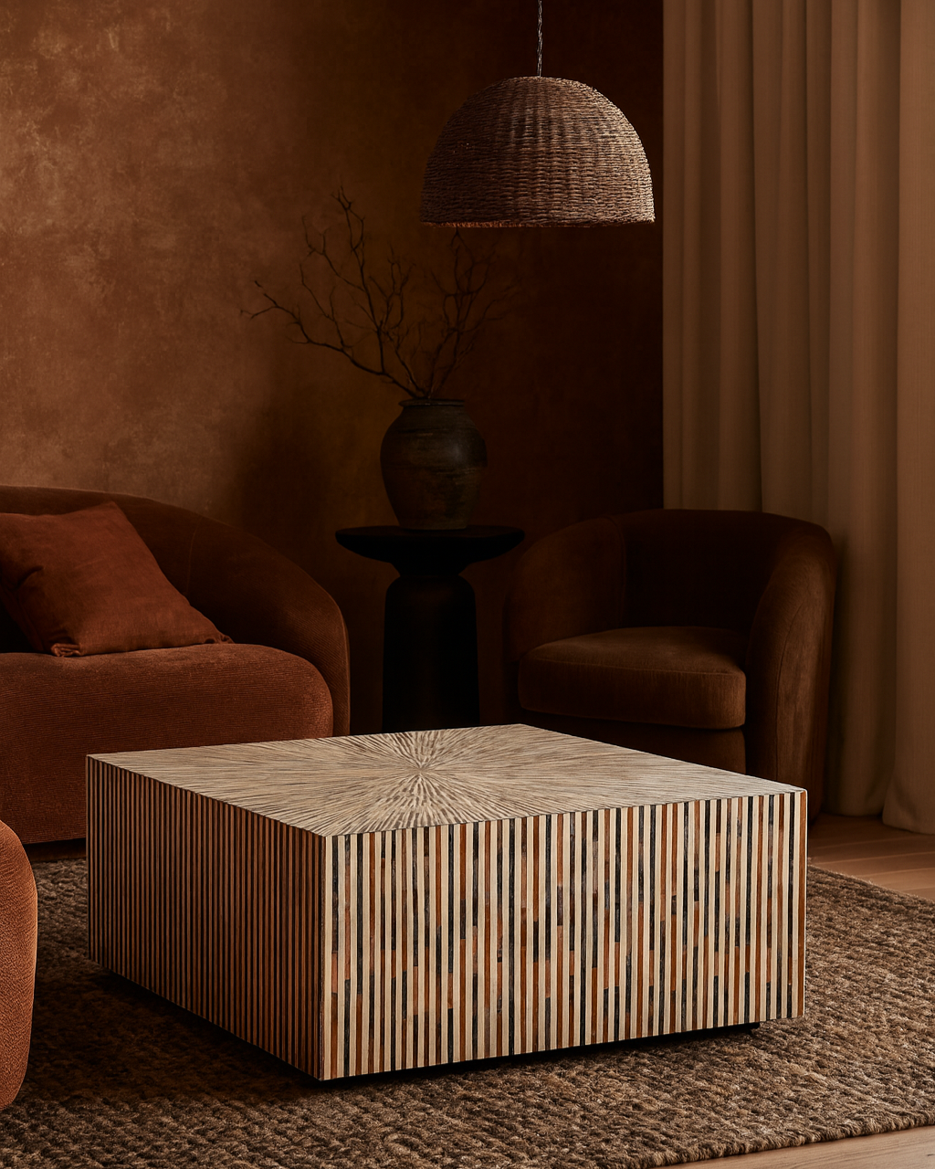 Hexagonal coffee table in a warm-toned living room with brown furniture and decor.