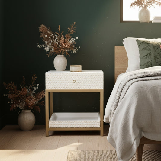 Bone & White Wash Interwoven Bedside Table
