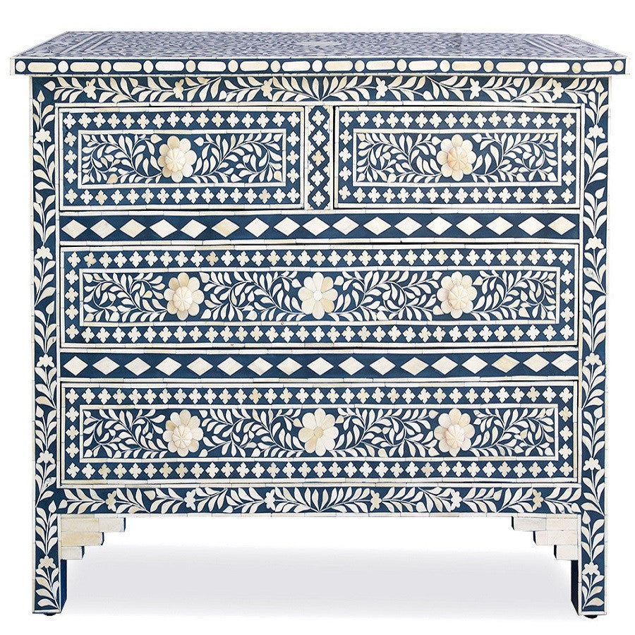 Bone Inlay 4 Drawer Chest : Floral : Blue