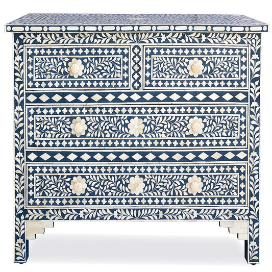 Bone Inlay 4 Drawer Chest : Floral : Blue