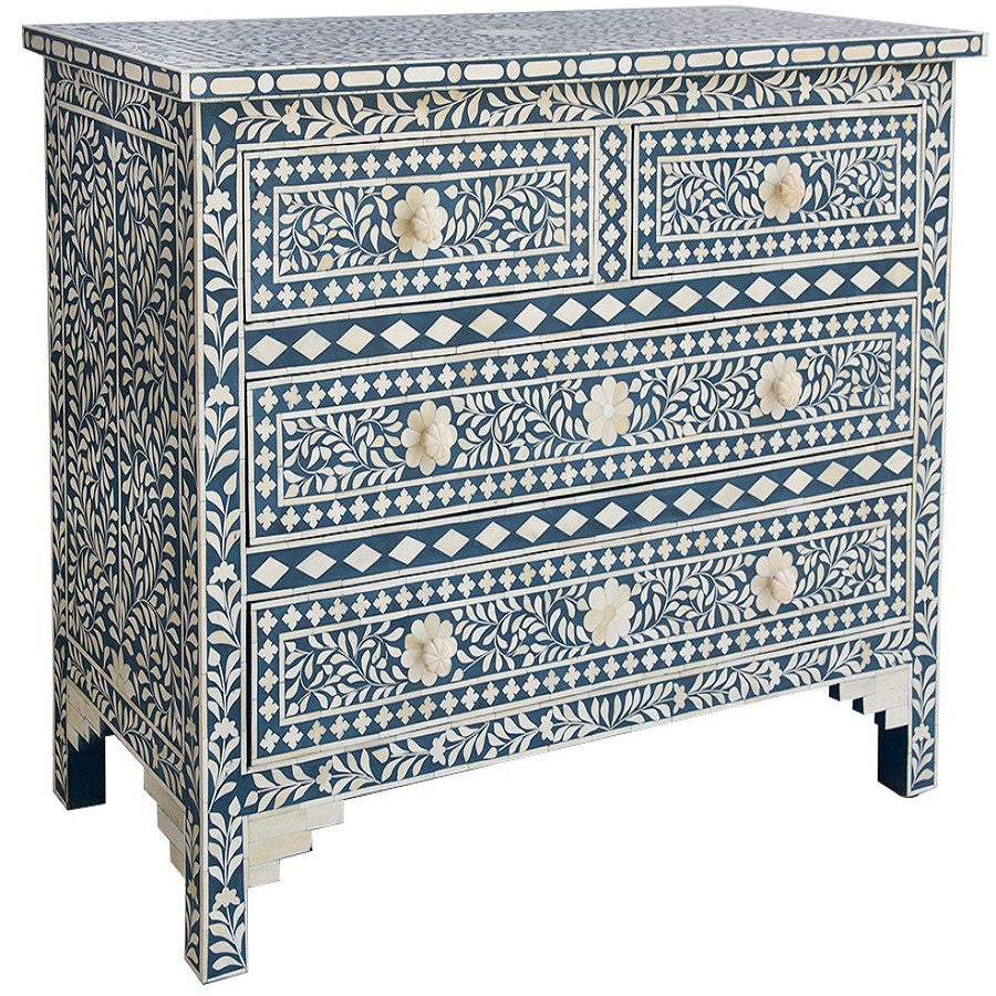 Bone Inlay 4 Drawer Chest : Floral : Blue