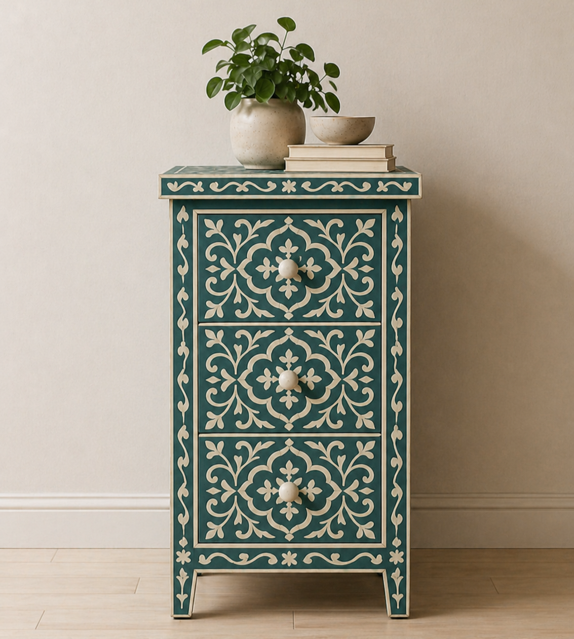 Bone Inlay 3 Drawer Chest : Damask : Teal