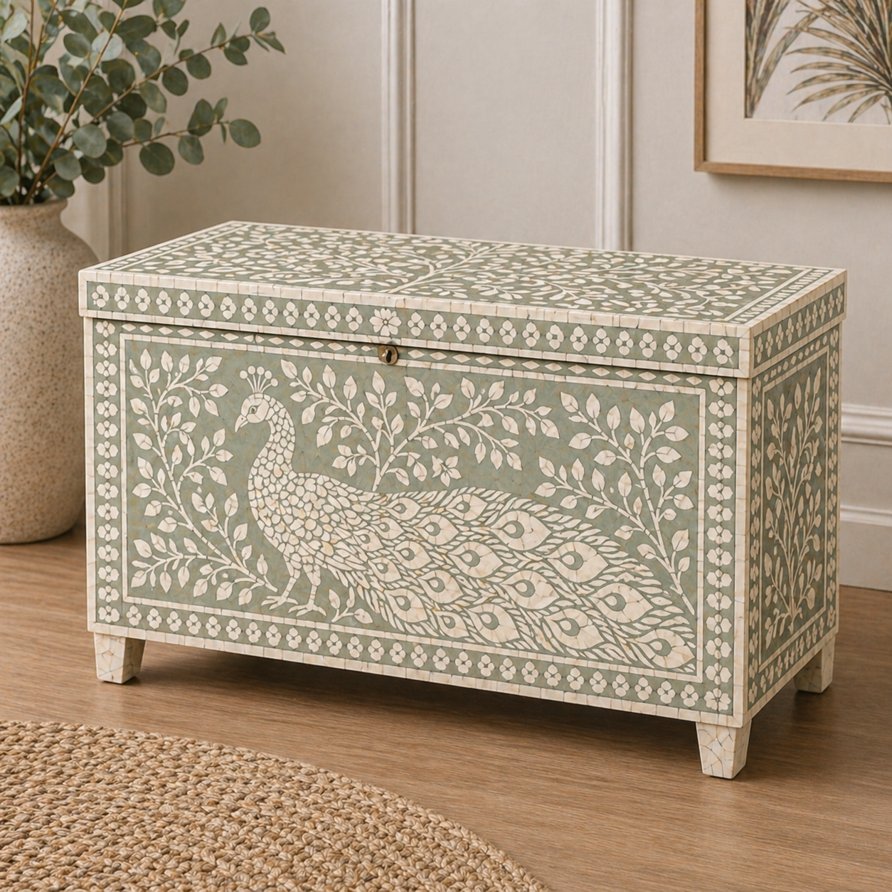 Bone Inlay Storage Chest / Blanket Box : Peacock