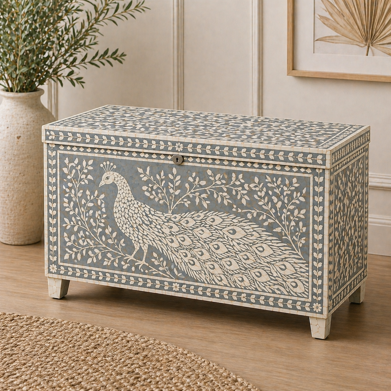 Bone Inlay Storage Chest / Blanket Box : Peacock