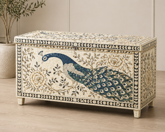 Bone Inlay Storage Chest / Blanket Box : Peacock