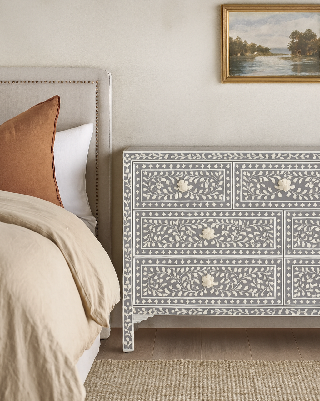 Bone Inlay 7 Drawer Chest : Floral : Grey