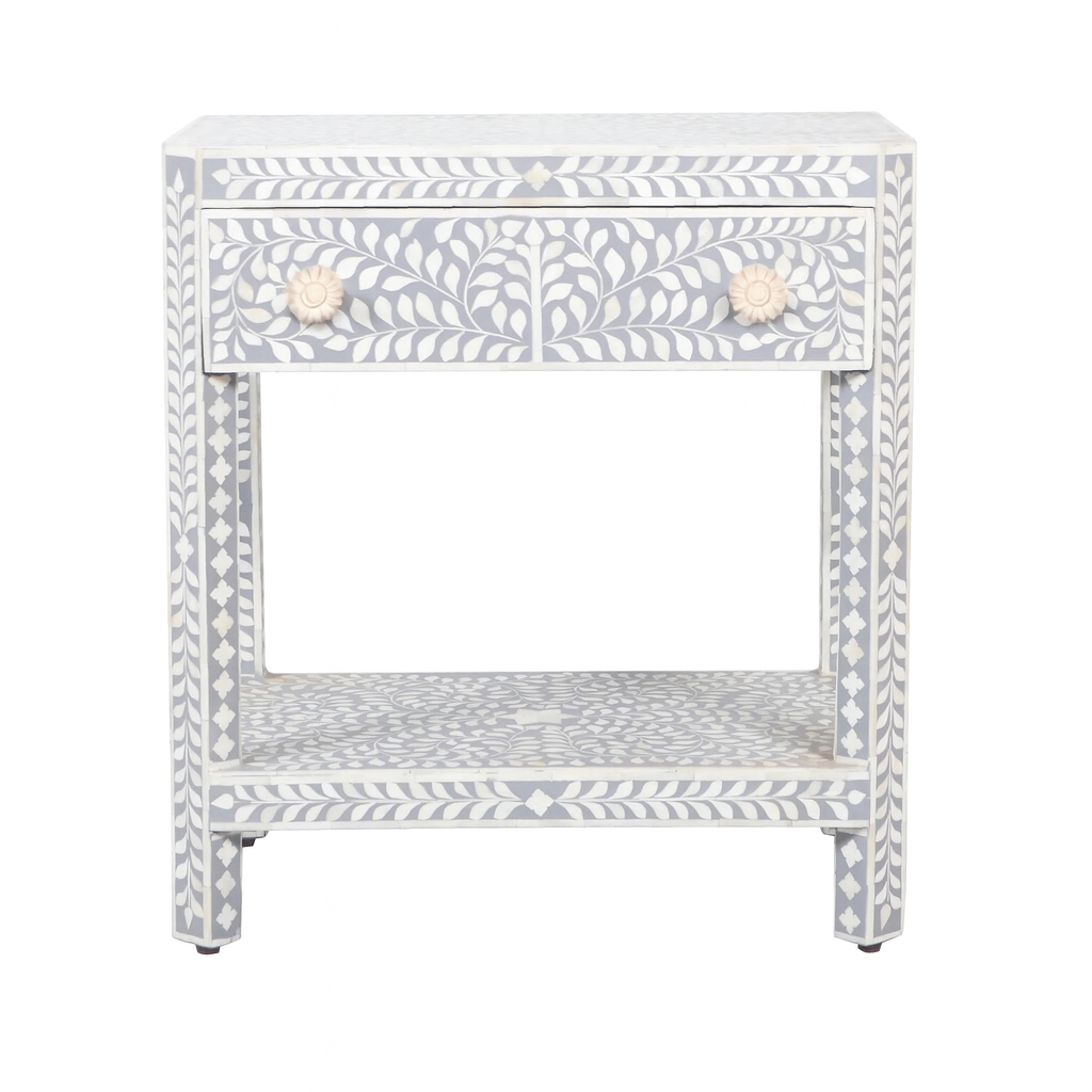 Mother of Pearl Inlay Bedroom Suite : Floral : White (1 Chest & 2 Bedsides)