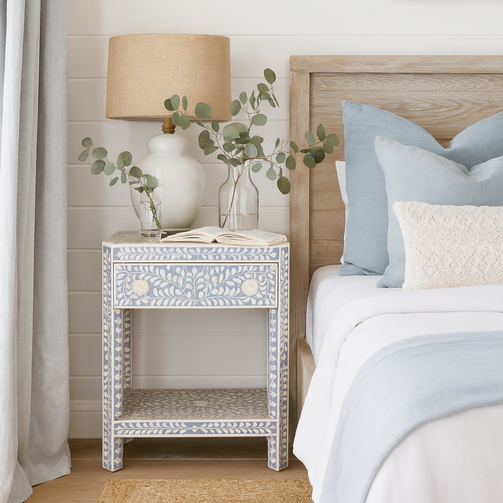 Bone Inlay 1 Drawer Bedside (with Undershelf) :  Floral : Grey