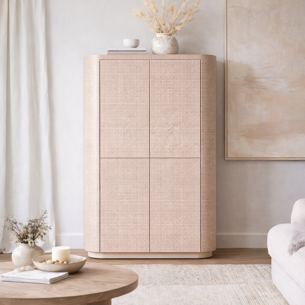 Beige cabinet with decorative items in a modern living room setting