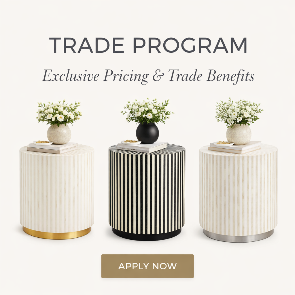 Three decorative tables with floral arrangements on a white background, promoting a trade program.