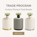 Three decorative tables with floral arrangements on a white background, promoting a trade program.