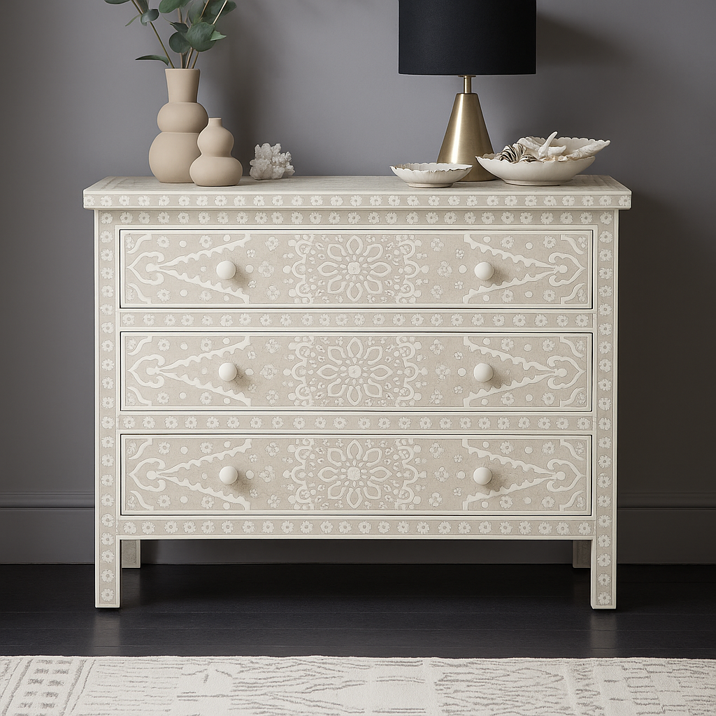 Bone Inlay 4 Drawer Chest : Medallion : Off White