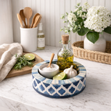 Dyed Bone Inlay Round Tray : Moroccan : Blue