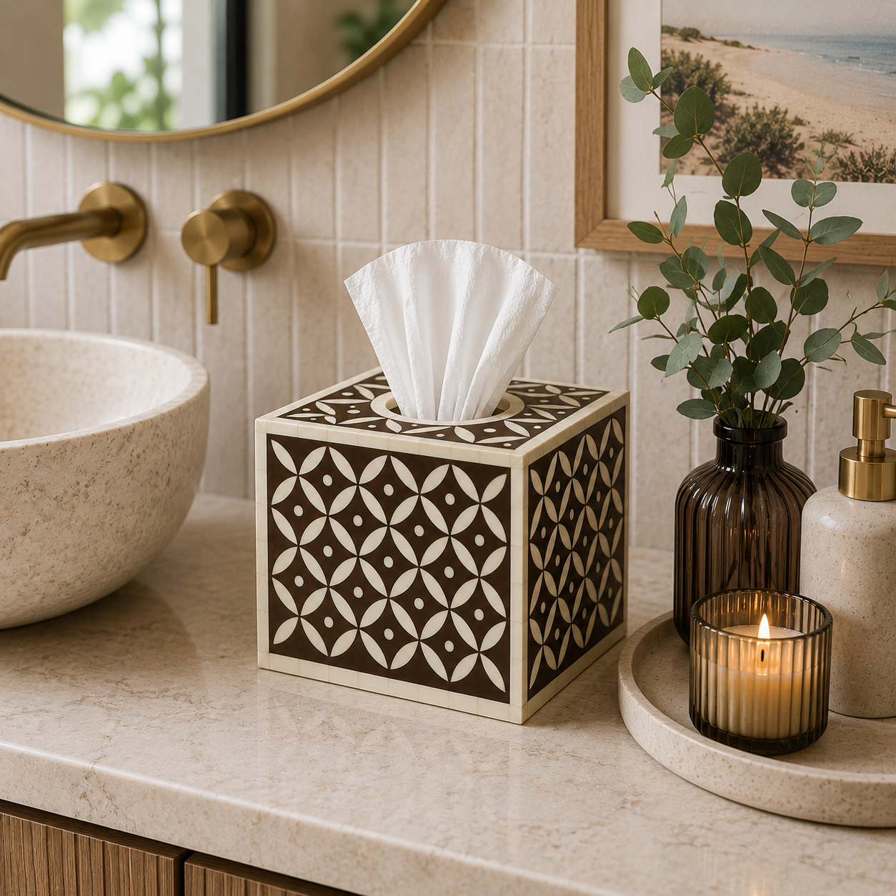Bone Inlay Small Tissue Holder : Starburst : Chocolate