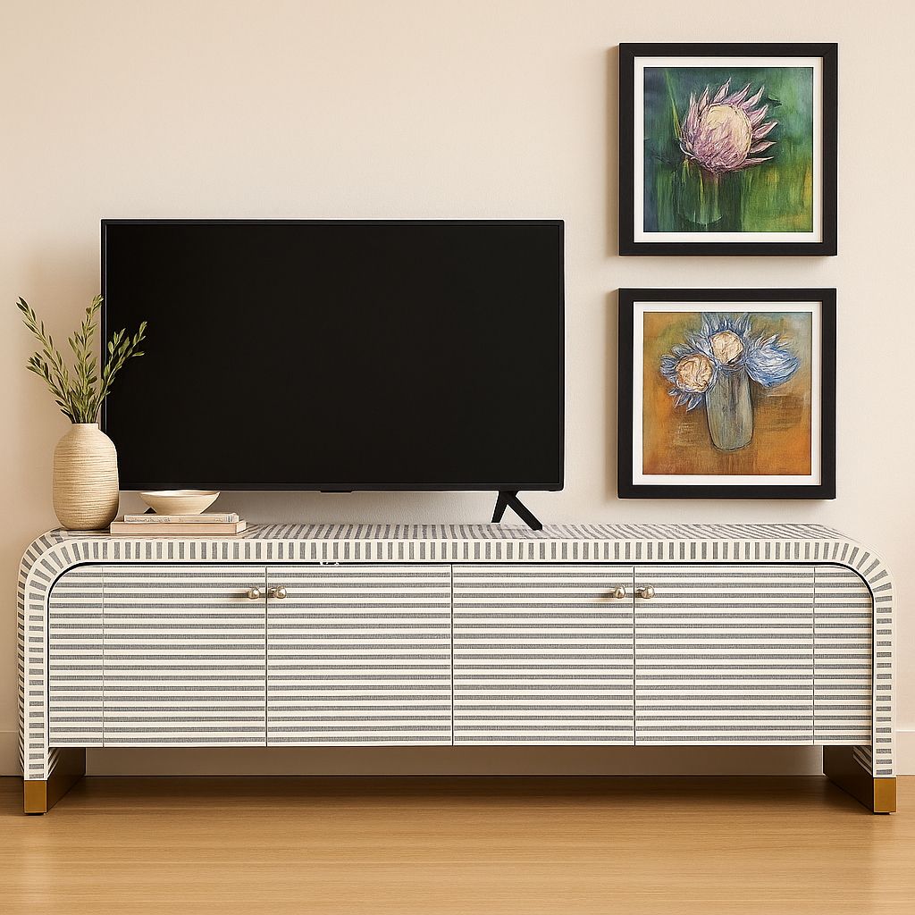 Bone Inlay Waterfall TV Sideboard : Stripe : Grey