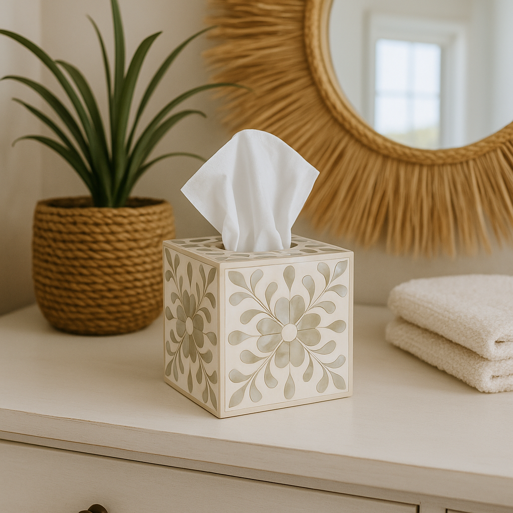 Mother of Pearl Inlay Tissue Holder : Floral : White : Small
