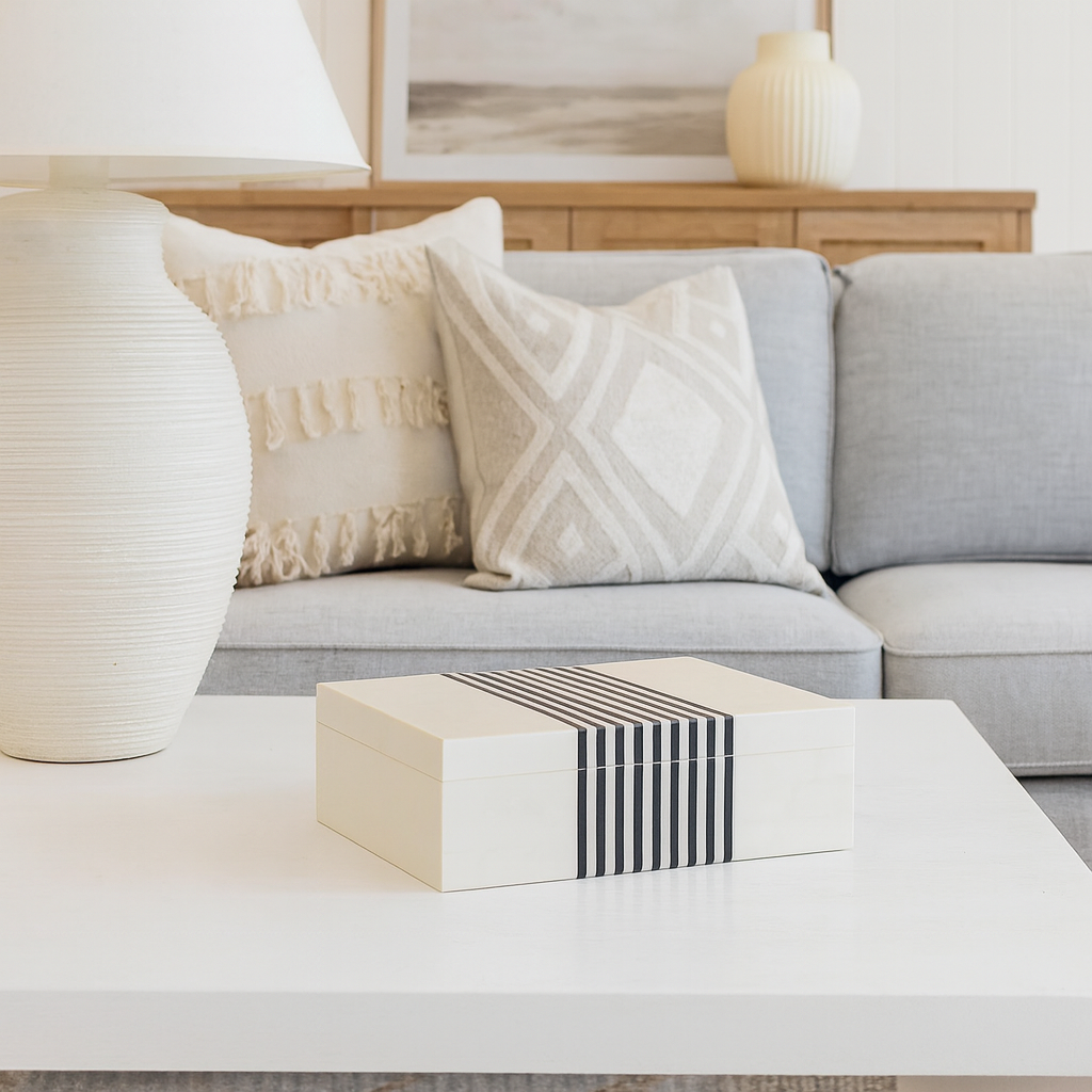 Bone Inlay Large Rectangular Box : Pinstripe : White