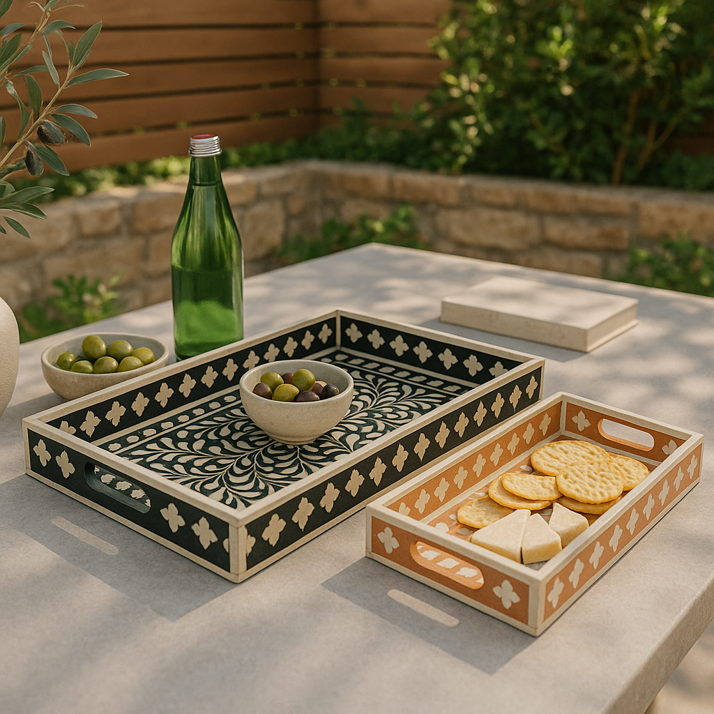 Bone Inlay Rectangular Tray : Floral : Black