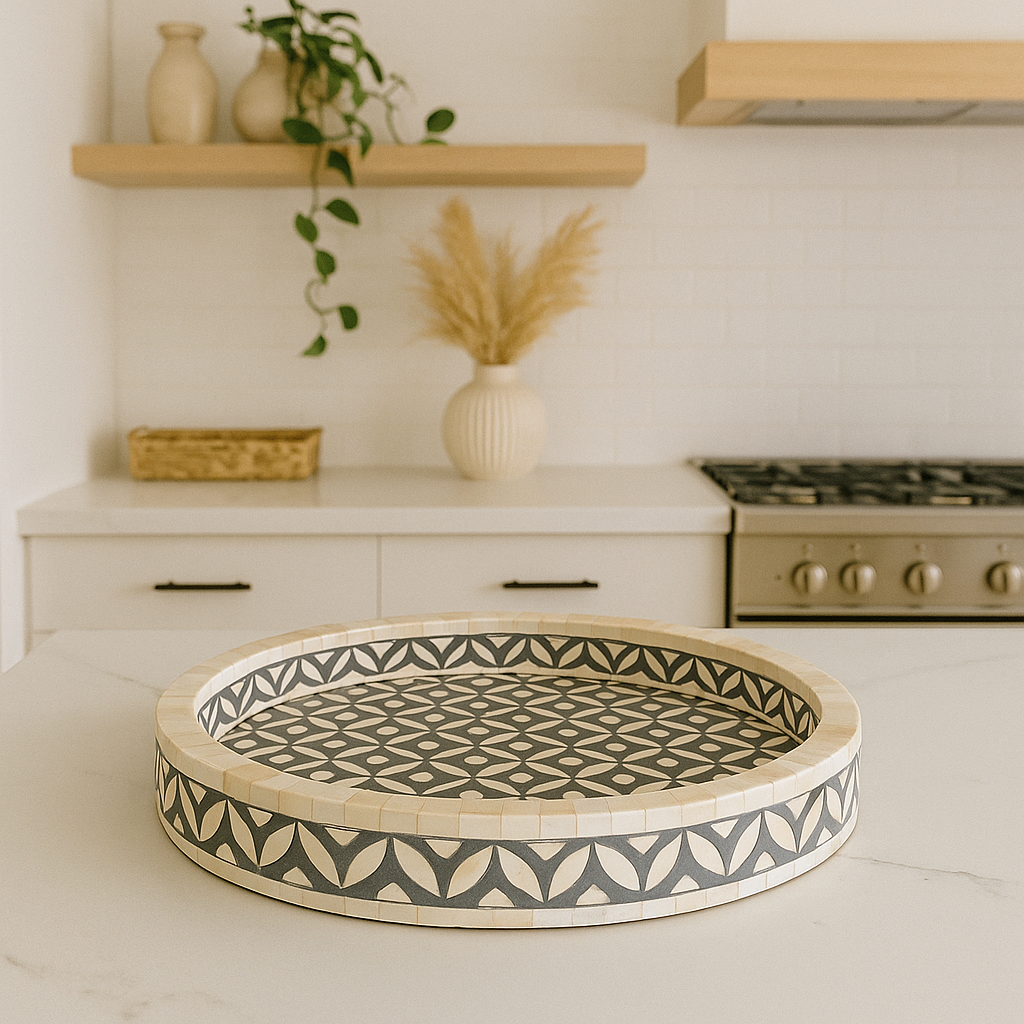 Bone Inlay Round Tray : Starburst  : Grey