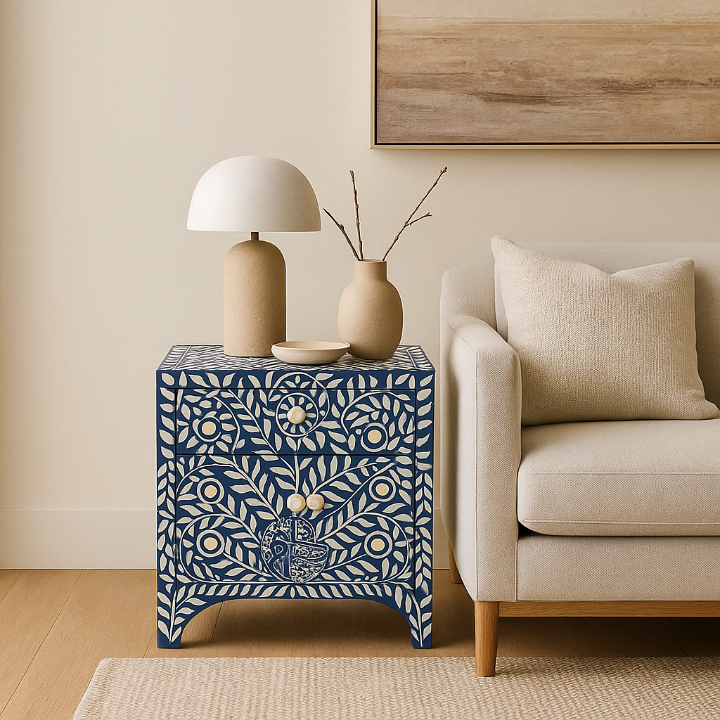 Blue patterned side table with a lamp and vase next to a beige sofa.