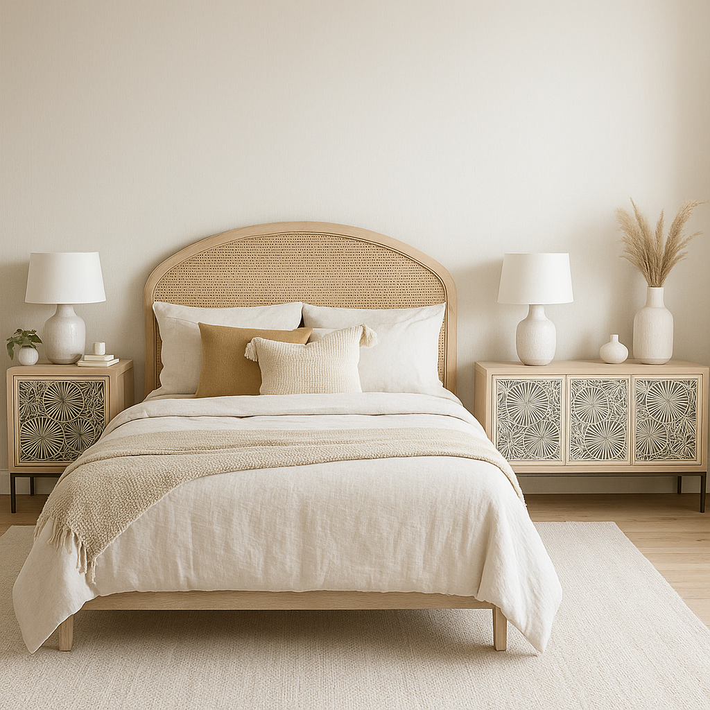 Bedside Cabinet with Bone Inlay Insert : Pond Lily : Whitewash