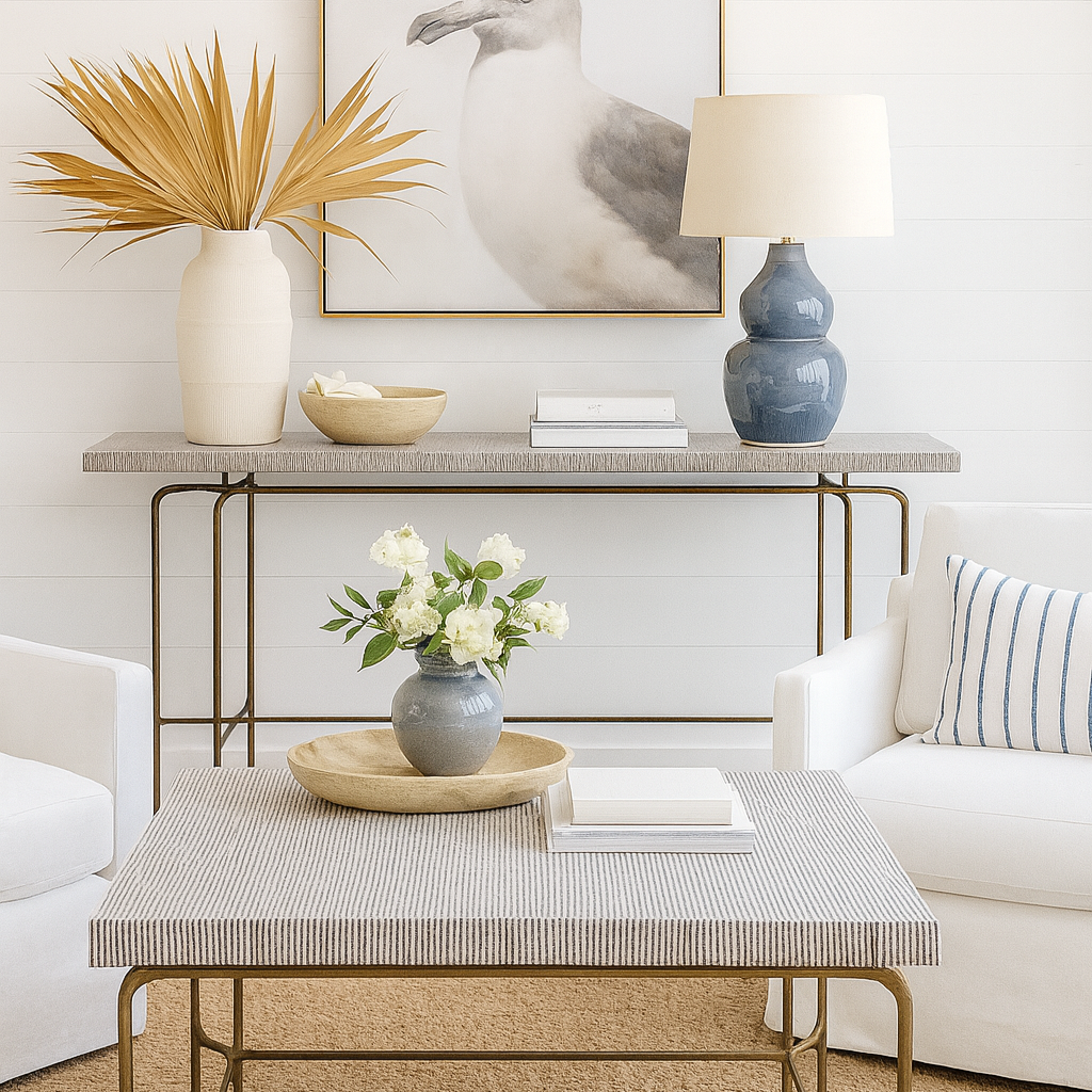 Living room with a console table, coffee table, and decorative items.