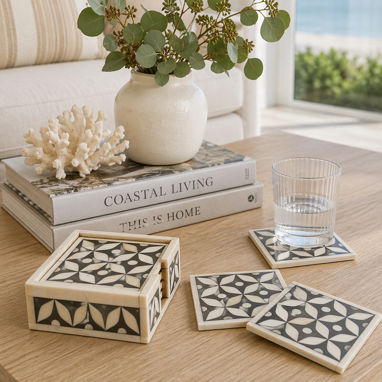 Bone Inlay Coasters (4) : Starburst : Charcoal