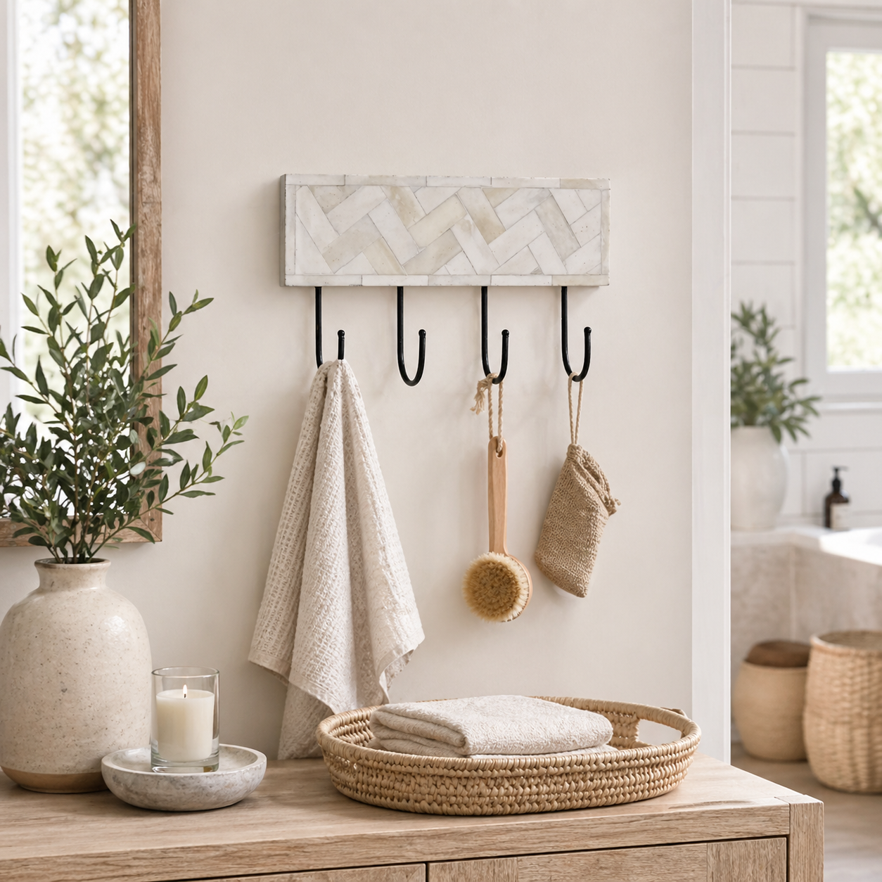 Bone Inlay Small Wall Hook :  Herringbone : White