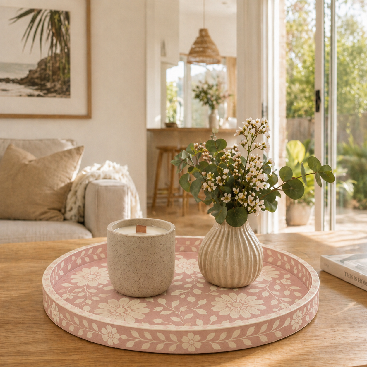 Bone Inlay Round Tray : Dahlia : Soft Pink