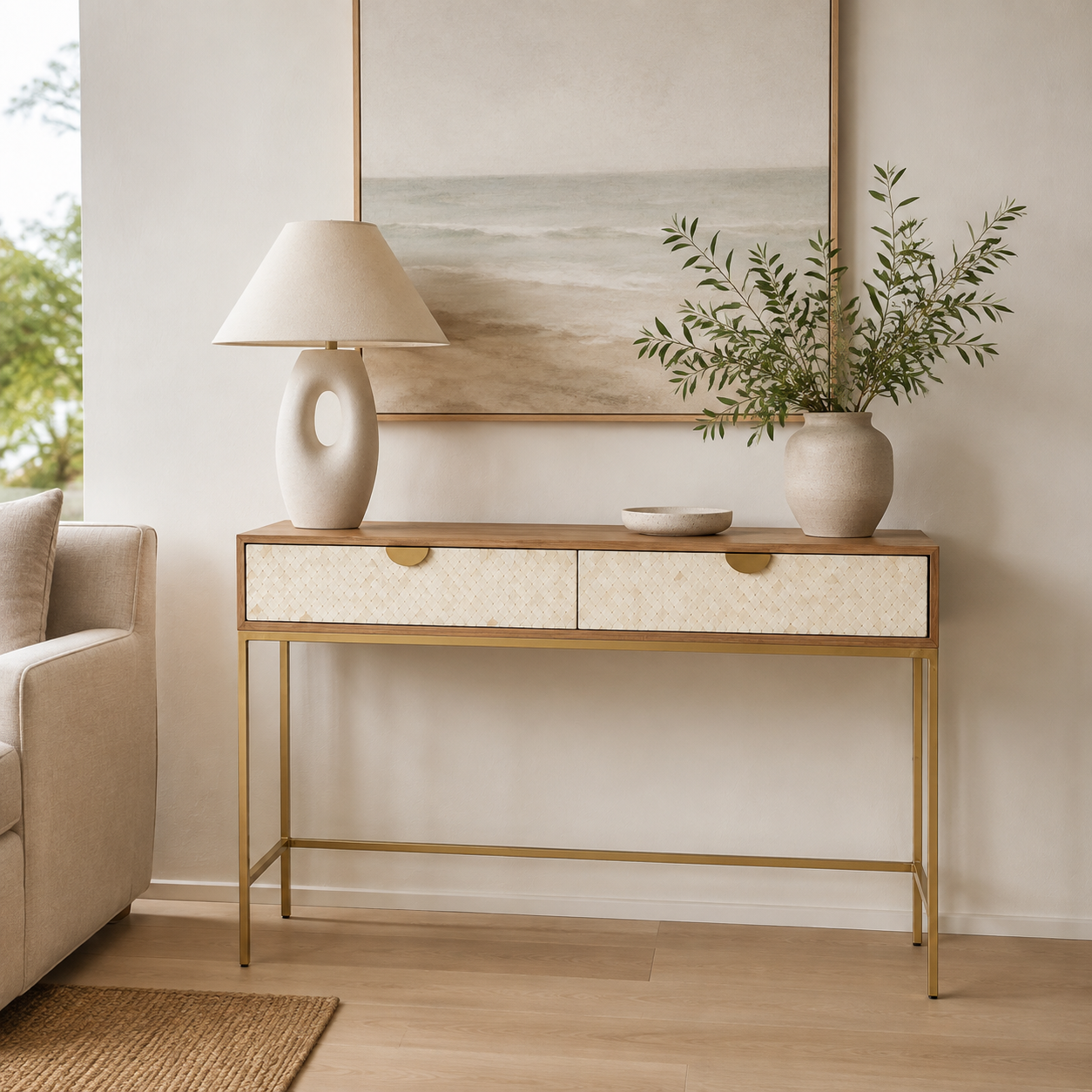Oak & Layered Bone 2 Drawer Console