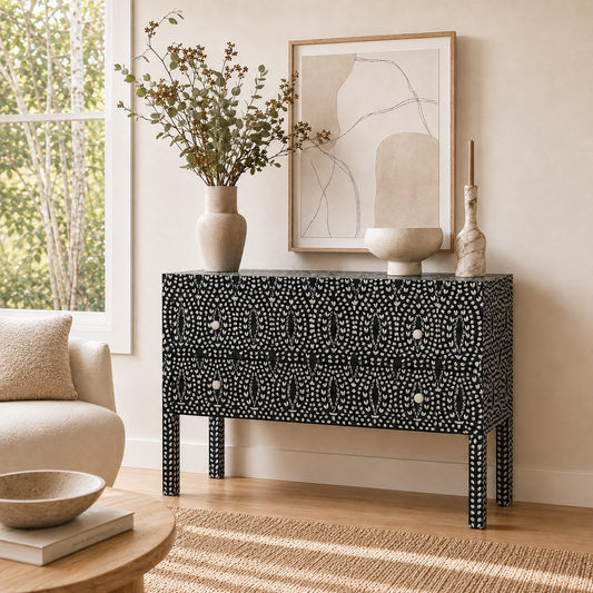 Bone Inlay 2 Drawer Chest : Hearts : Black