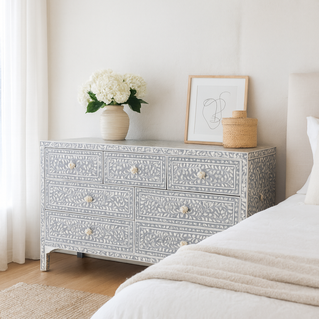 Bone Inlay Bedroom Suite : Floral : Grey (1 Chest & 2 Bedsides)