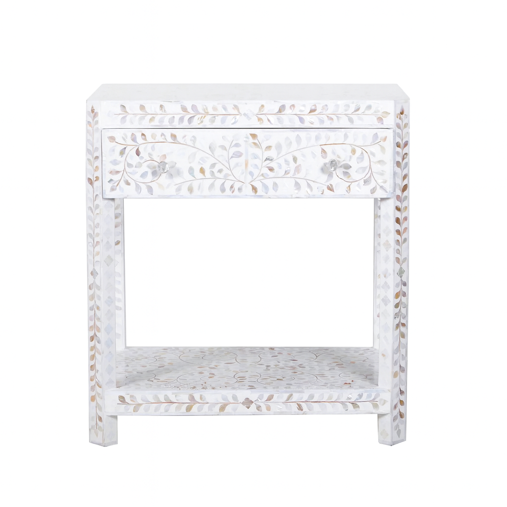Mother of Pearl Inlay Bedroom Suite : Floral : White (1 Chest & 2 Bedsides)