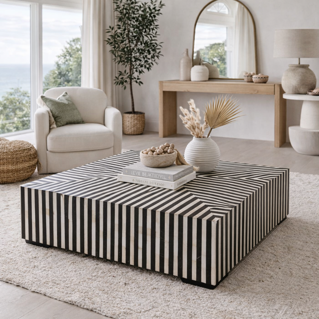 Bone Inlay Square Coffee Table : Stripe : Black