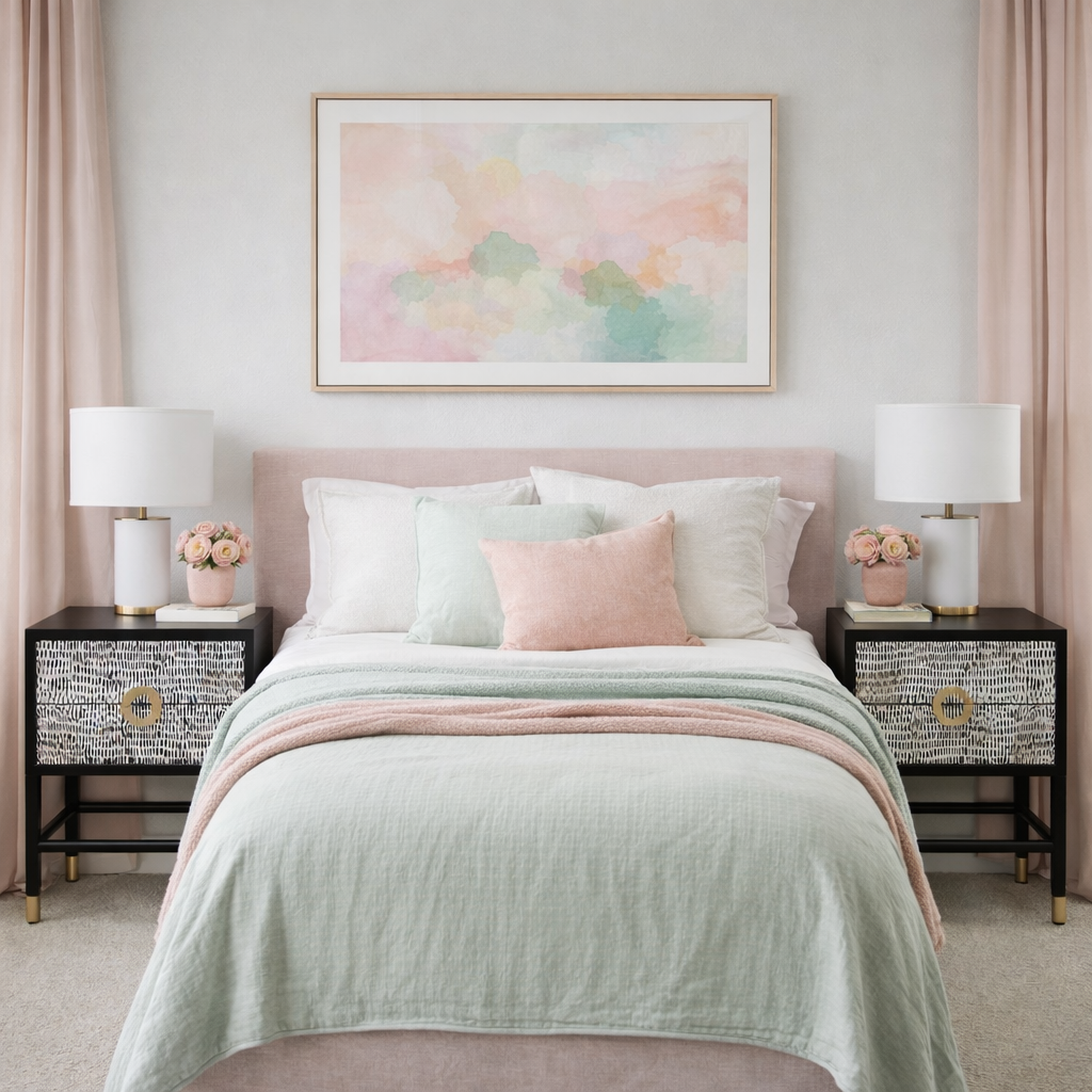 Neatly made bed with pastel bedding in a bedroom setting.