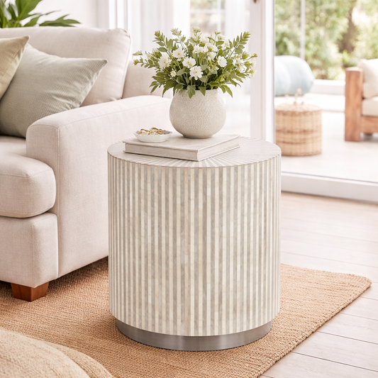Bone Inlay Round Side Table with Plinth : Stripe : Grey