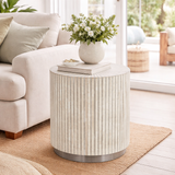 Bone Inlay Round Side Table with Plinth : Stripe : Grey