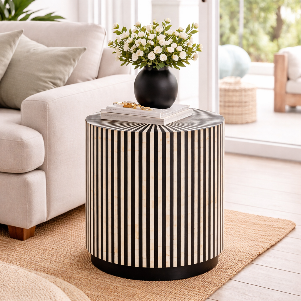 Bone Inlay Round Side Table with Plinth : Stripe : Black