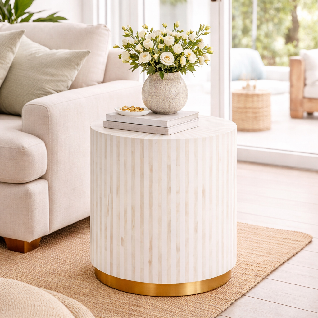 Bone Inlay Round Side Table with Plinth : Stripe : White