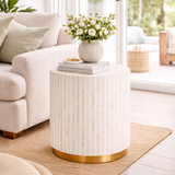 Bone Inlay Round Side Table with Plinth : Stripe : White