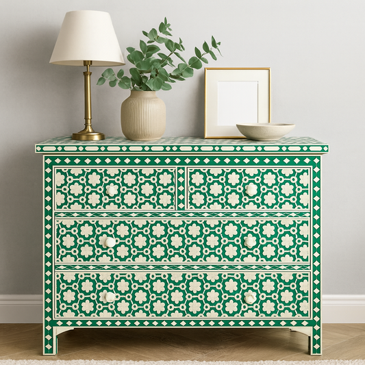 Bone Inlay 4 Drawer Chest : Hexafloral : Green