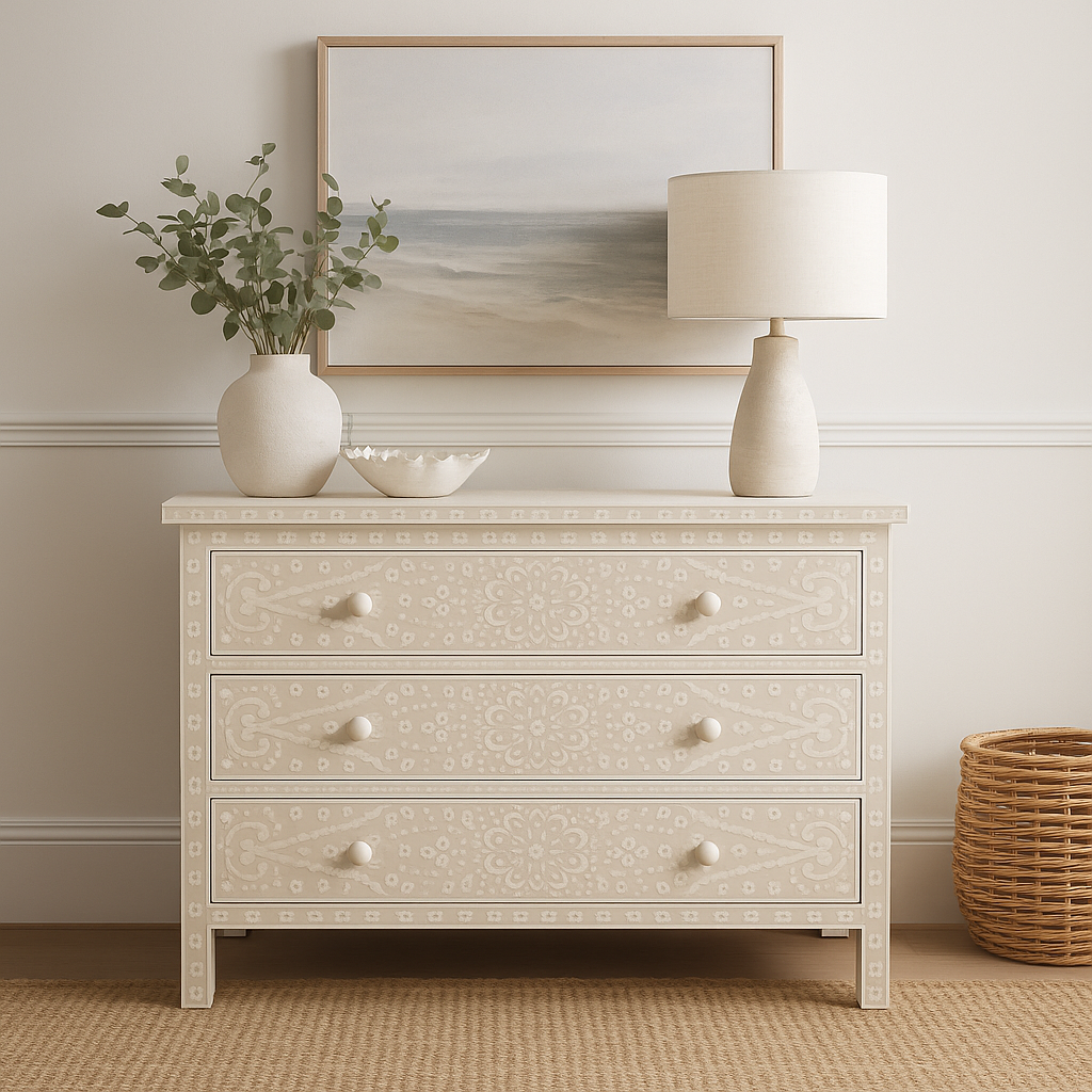 Bone Inlay 4 Drawer Chest : Medallion : Off White