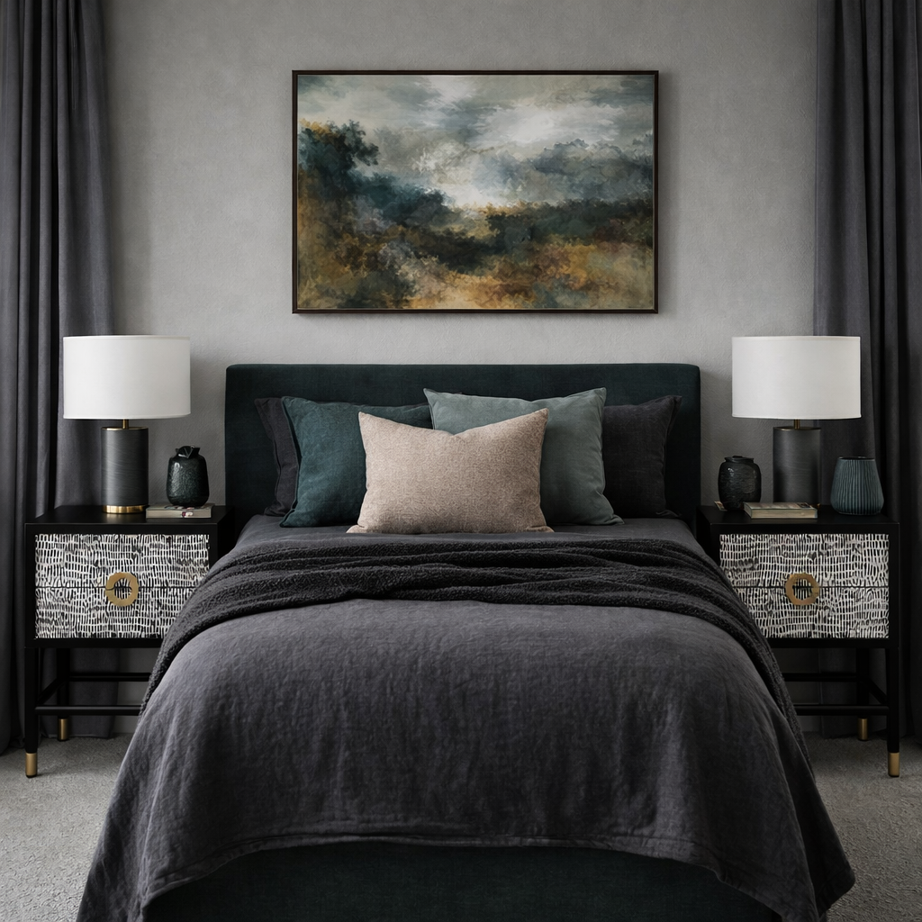 Modern bedroom with dark bedding, nightstands, and a large abstract painting on the wall.
