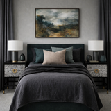 Modern bedroom with dark bedding, nightstands, and a large abstract painting on the wall.